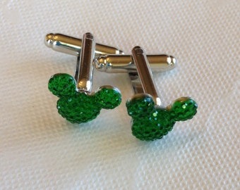 Mouse ears cuff links for wedding party in dazzling green acrylic, groomsmen gift, Disney themed wedding, gift box included for FREE