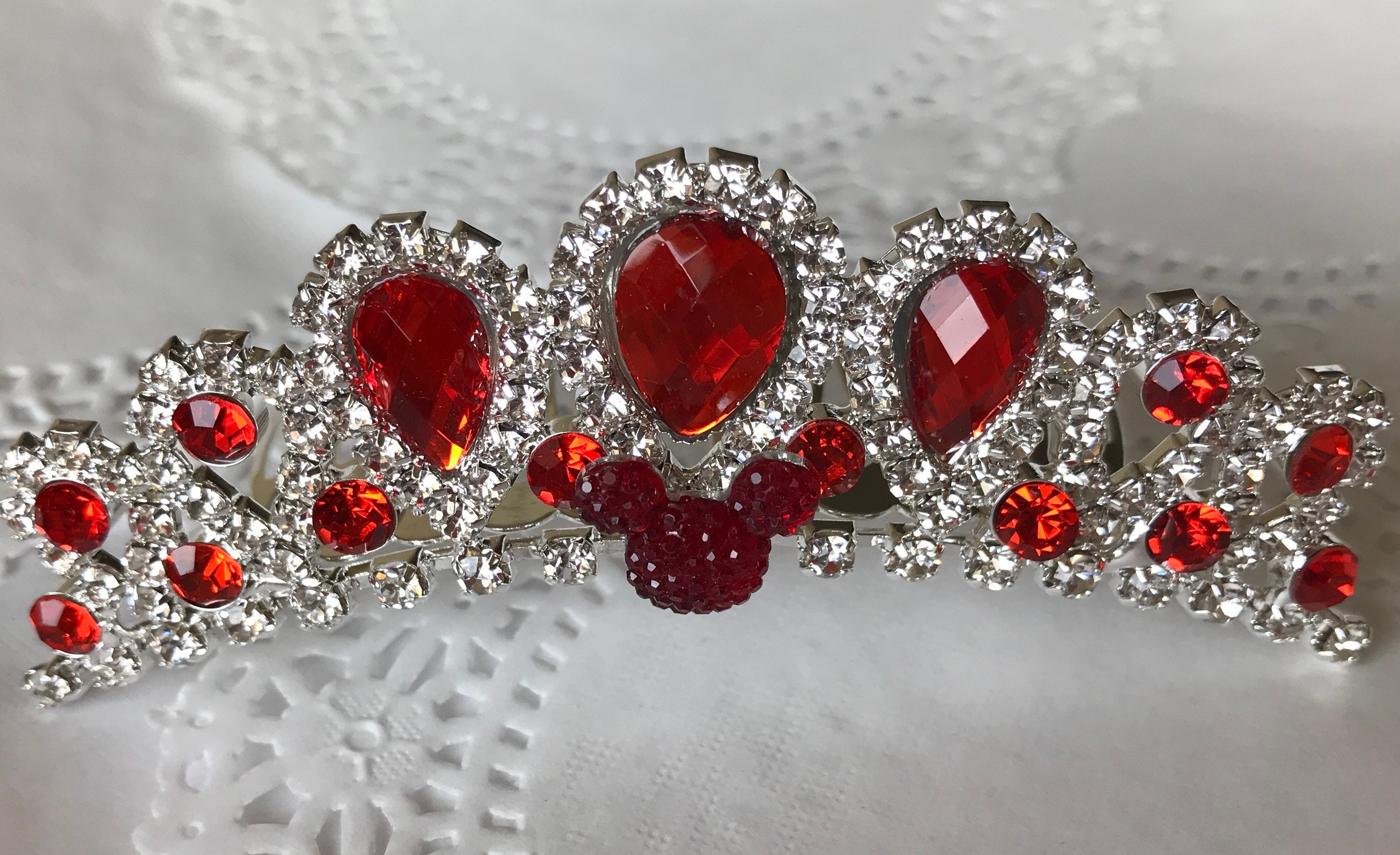 Red Jeweled Hidden Mickey Disney Wedding Comb Tiara Crystal