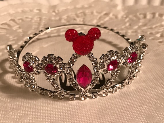 Disney Inspired Wedding Comb Tiara Crown-Child's Jeweled Hidden Mickey-Crystal and Fuchsia Rhinestones-Flower Girl