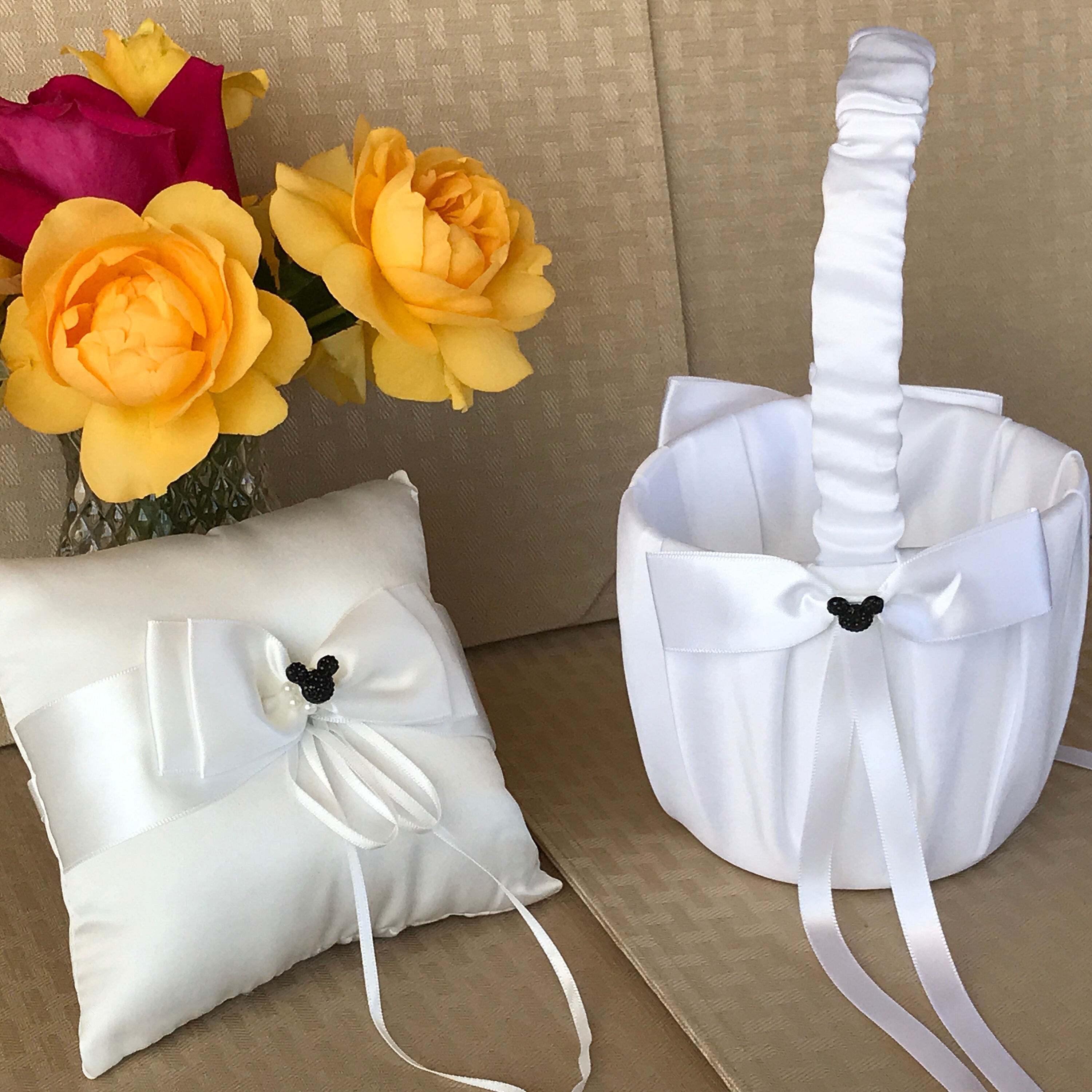 Disney Inspired Flower Girl Basket Ring Bearer Pillow Classic Black Mickey Choose Color