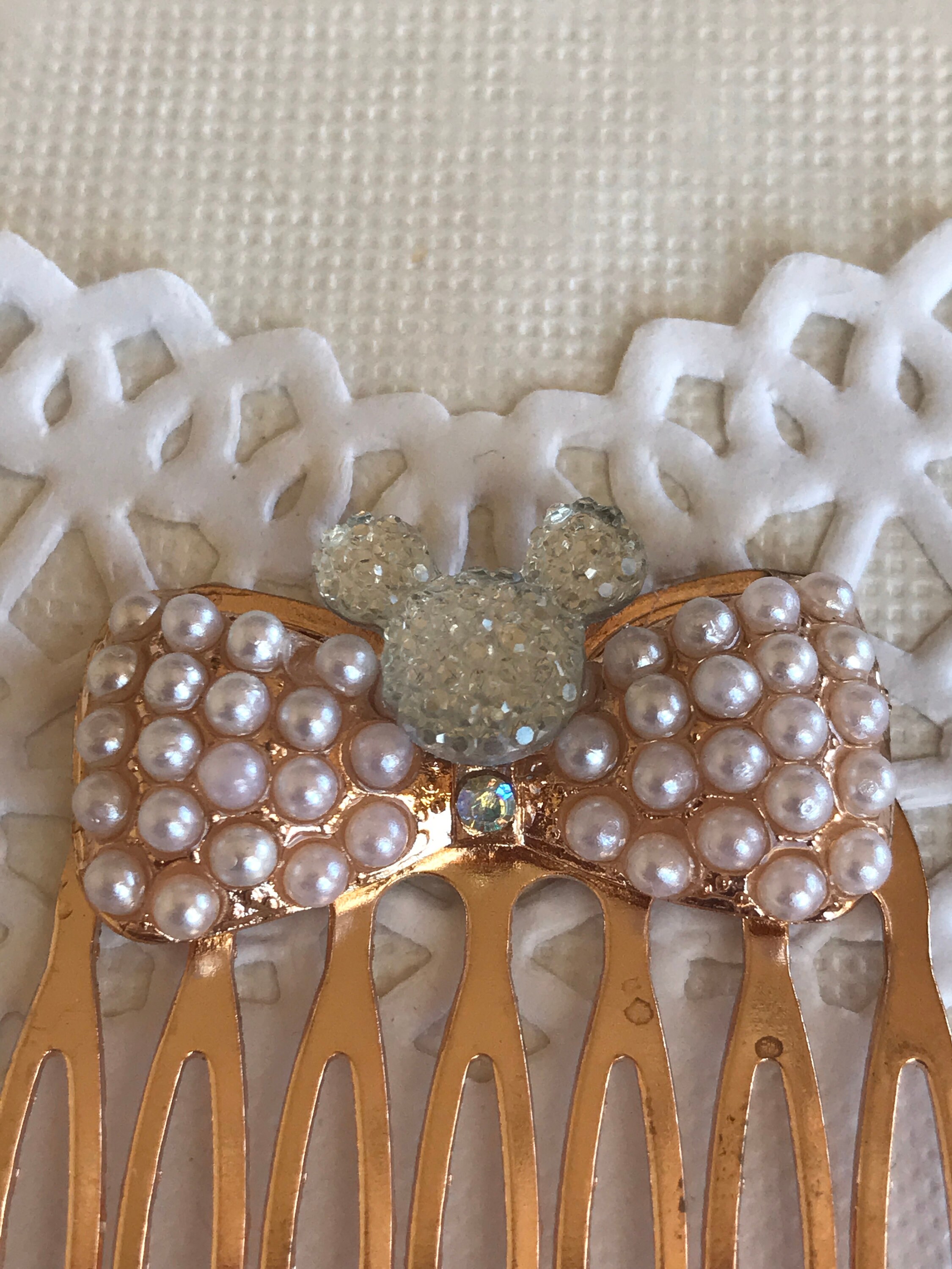 Golden Pearl Comb-Mouse Head Silhouette-Disney Wedding Bridesmaids-Flower Girl-Bride