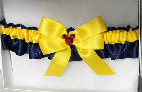 Hidden Mickey wedding garter, bridal garter, Snow White navy and yellow, Disney inspired shower gift