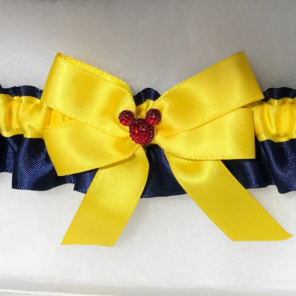 Hidden Mickey wedding garter, bridal garter, Snow White navy and yellow, Disney inspired shower gift