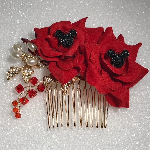 Disney inspired wedding comb, hair jewelry, bridesmaids gift, shower gift, double red rose comb, classic black hidden mickey