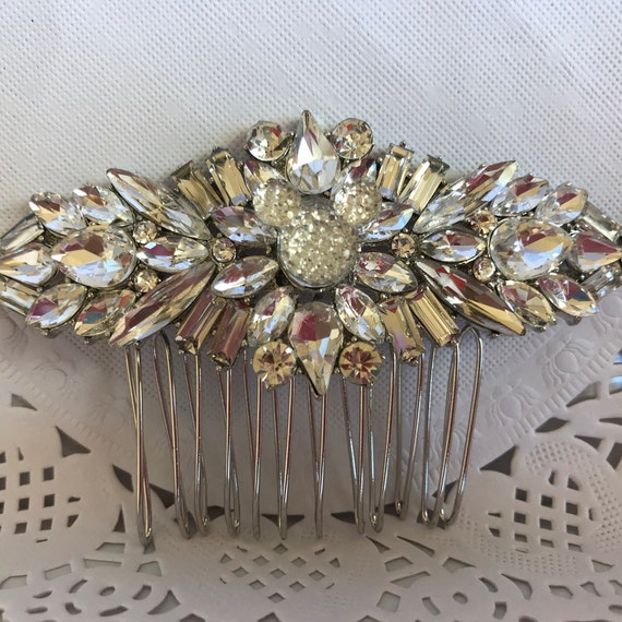 Hidden Mickey wedding comb, crystal rhinestones, silver tone setting, Disney inspired accessory, dapper days hair comb, veil comb