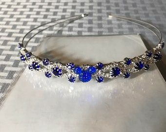 Disney flower girl headband, fairytale wedding, Disney fanatic, royal blue and silver, tiny hidden Mickey