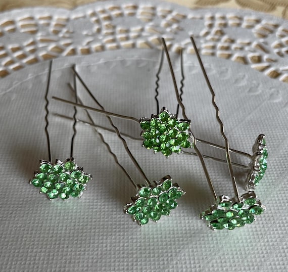 Mint Green rhinestone hair pins, set of 5 flower hair pins for prom, bridal party, formal dance, office party