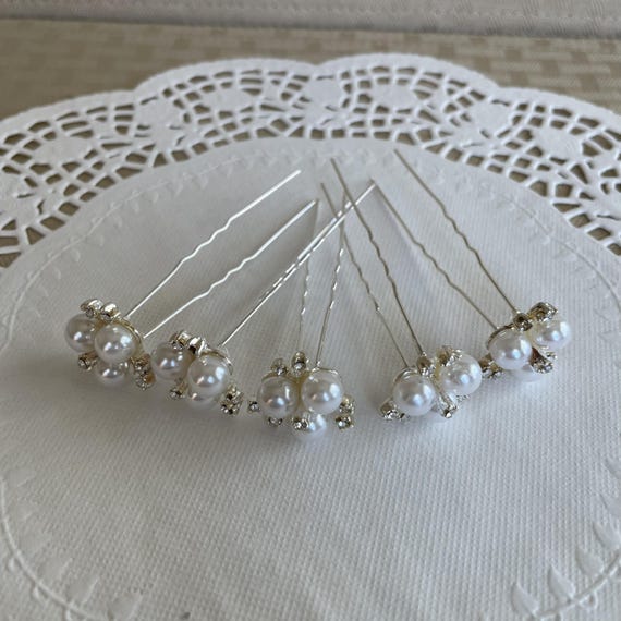 Pearl & Rhinestone Wedding Hair Pins in Silver Tone Setting