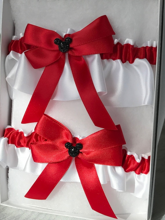 MOUSE EARS Wedding Garter, Bridal Garter, Keepsake and Tossing Garter Set, Red on White with Black Mouse