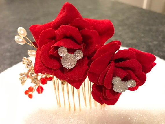 Disney Inspired Wedding Comb-Hidden Mickey Hair Jewelry-Bridesmaids Gift-Bridal Shower-Dapper Days-Double Red Rose Comb