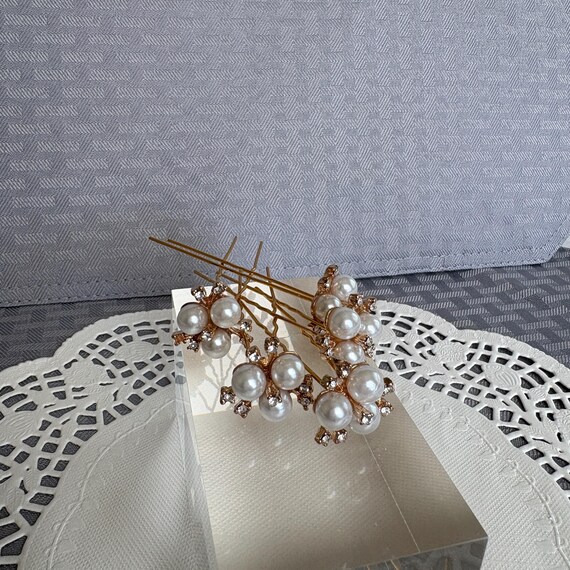 Triple Pearl & Rhinestone Wedding Hair Pins in Gold Tone Setting-Set of 5