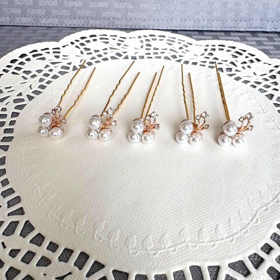Wedding Pearl & Rhinestone Spray Hair Pins in Gold Tone Setting-Set of 5