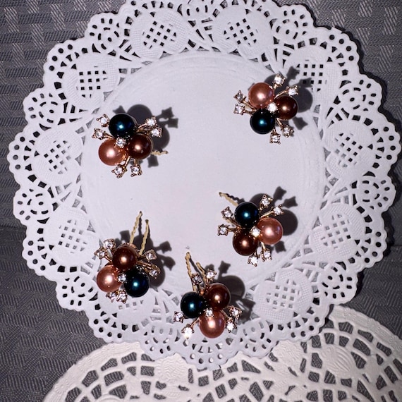 Navy, Copper, and Gold Pearls & Rhinestone Formal Hair Pins in Gold Tone Setting-Set of 5