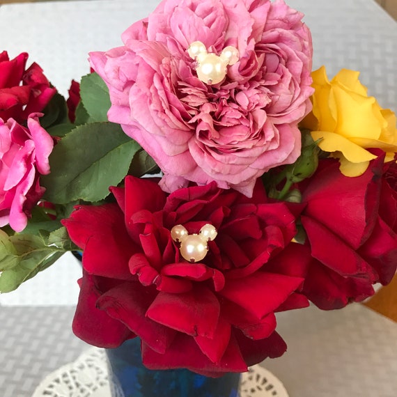 Disney Wedding Flower Pins-Centerpiece Bouquet-Hidden Mickey-Six Pearl Mouse Bouquet Picks-Disney Shower Gift