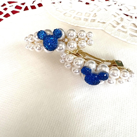 Pearl Barrette with Royal Mickey, Silver Tone Setting, French Clasp, 1 Pair
