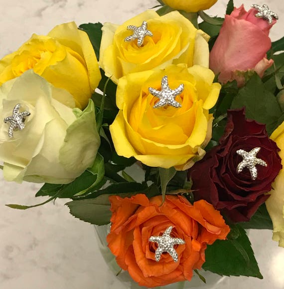 Beach Wedding 6 Silver Starfish Bouquet Picks Centerpieces Boutonnieres Flower Picks Floral Pins Flower Posts Bridal Flowers
