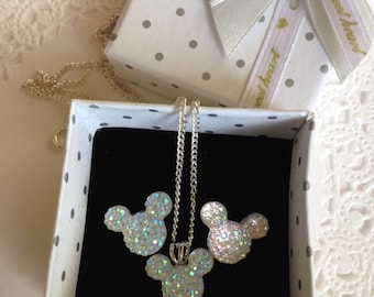 Mouse Ears Necklace and Earrings Set: Clear AB Acrylic Jewelry