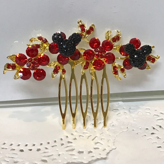 Disney Inspired Wedding Comb-Red Rhinestone Flower Comb-Classic Black Hidden Mickey-Hair Jewelry-Bridesmaids Gift-Shower Gift