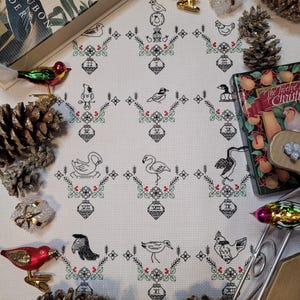 Puede incluir: Un sampler de punto de cruz blanco con un diseño negro y verde de 12 pájaros, cada uno con un adorno de números romanos. El sampler está rodeado de piñas y adornos navideños.