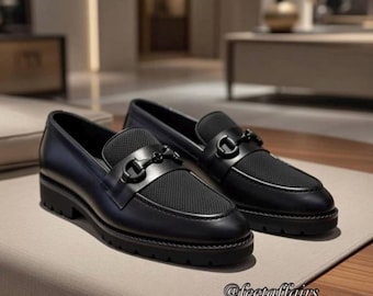mens black horsebit loafers handmade leather slip on moc toe driving shoes perforated loafers chunky lug sole office wedding gift for him