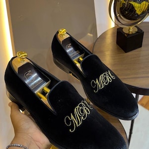 handmade dress loafers for men with gold embroidered initials