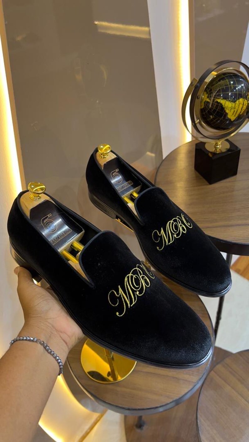 handmade dress loafers for men with gold embroidered initials