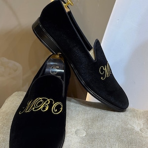 stylish men’s velvet loafers with custom monogram detail