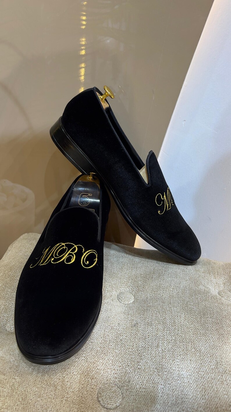 stylish men’s velvet loafers with custom monogram detail