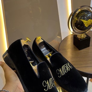 handmade mens black velvet loafers with embroidered monogram initials