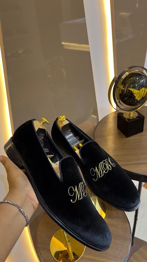 handmade mens black velvet loafers personalized monogram slip on dress shoes embroidered initials groom wedding gift for him luxury shoe