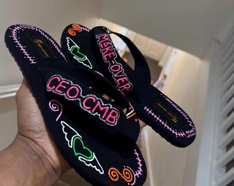 Customized handmade unisex addictive black thong slippers minimalist flat slip on open toe summer beach resort vacation wear gift for him