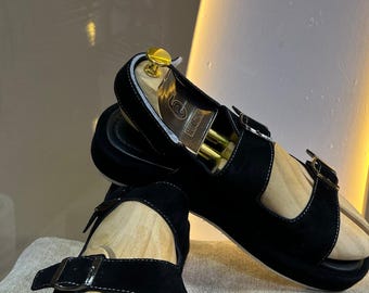 handmade womens suede double buckle sandals open toe comfort platform flats black blue casual summer slide sandals gift for her