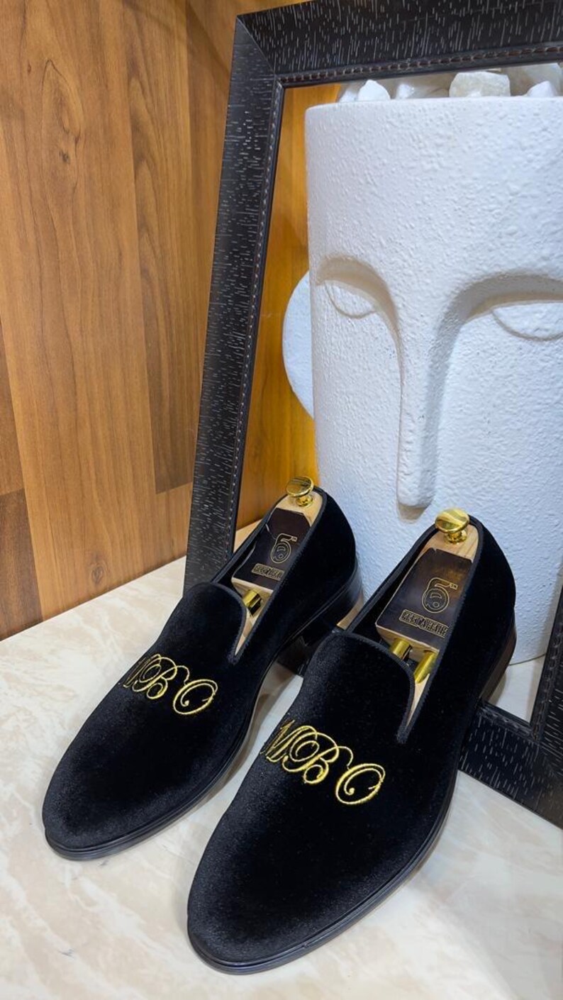 men’s personalized loafers in black velvet with initials