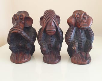 ヴィンテージ 手彫り 硬材製 三猿の彫刻 - 見ざるのごとく 長さ11