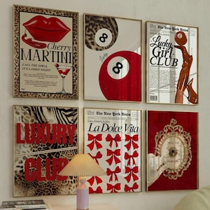 Retro Galerie Girly Prints Roter Leopard Wandkunst 6 Drucke Set Trendy Glück Print Magazin Dekor Ästhetisches Dekor Preppy Poster Rot Funky Art