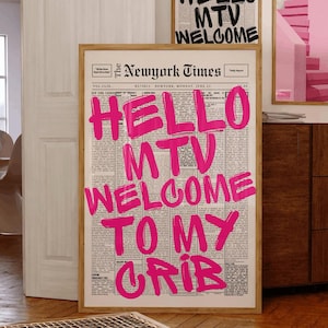 Hello MTV, Pink Typografie Print, Ästhetische Wandkunst, Lustiger Druck, MTV Poster, Preppy Wandkunst, lustige Kunst, Dopamin-Dekor, Girly Dekor