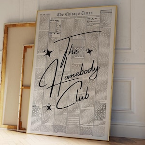 Impresión de The Homebody Club, impresión tipográfica, impresión estética en negro, decoración de dormitorio, carteles preppy, impresión de pared funky, decoración femenina, impresión retro