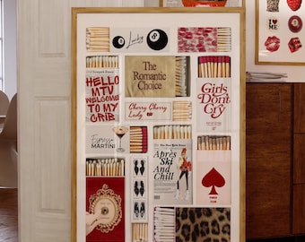 Impresión de caja de cerillas vintage, arte de caja de cerillas roja, decoración retro de carrito de bar, apartamento, póster de cerillas de moda, impresión estética funky, arte femenino preppy de leopardo