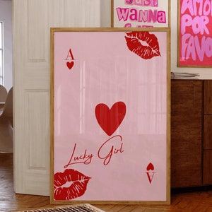 Cartes à jouer, impression porte-bonheur, art mural girly, décoration de dortoir, oeuvre d'art rose rouge, déco dopamine, tirages preppy, décoration murale rose, impression rétro