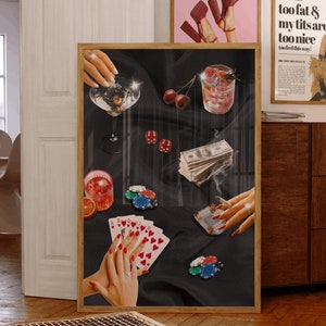 Impression poker rétro, impression boule de billard noire, déco dopamine, art casino, art du luxe, décoration géniale, art billard, décoration argent, affiche vintage