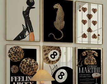 Gallery Girly Prints Black Pool Ball Wall Art 6 Prints Set Trendy Leopard Print Magazine Decor Aesthetic Decor Lucky Poster Black Funky Art