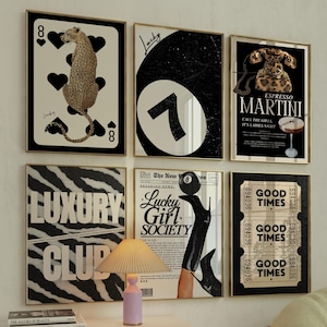 Galleria Stampe Girly Leopard Decor Ufficio Arte Estetica Carte da Gioco Palla Nera 6 Stampe Set Trendy Leopard Print Bianco E Nero Arte Funky