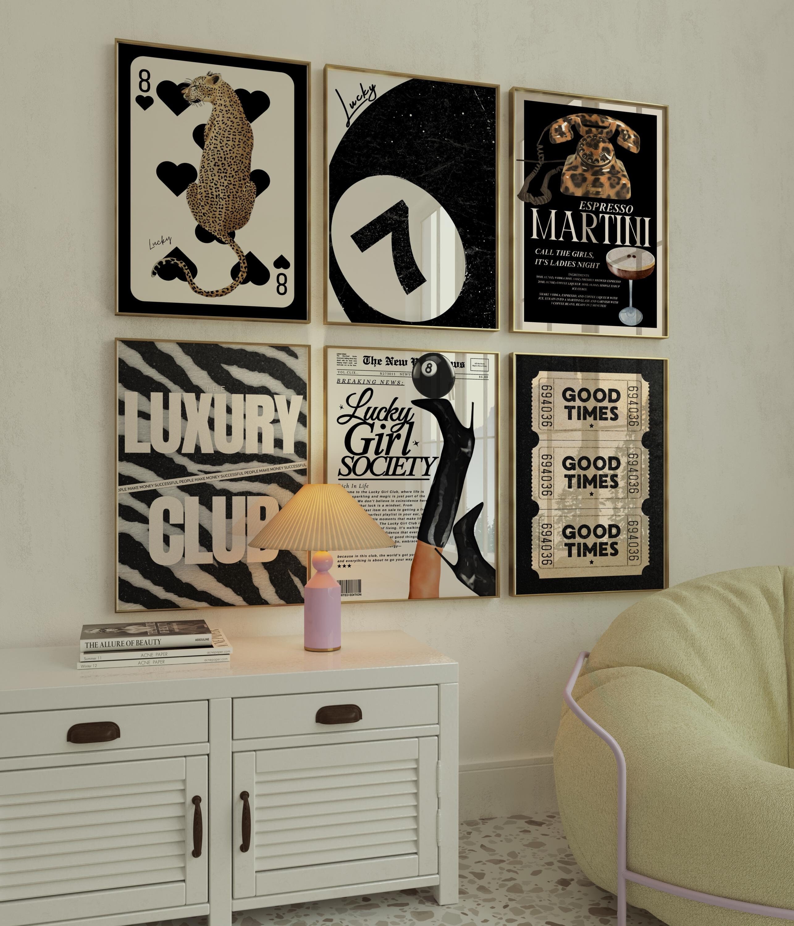Galería de impresiones femeninas, decoración de leopardo, arte estético para la oficina, naipes, bola negra, juego de 6 impresiones, estampado de leopardo moderno, arte funky en blanco y negro