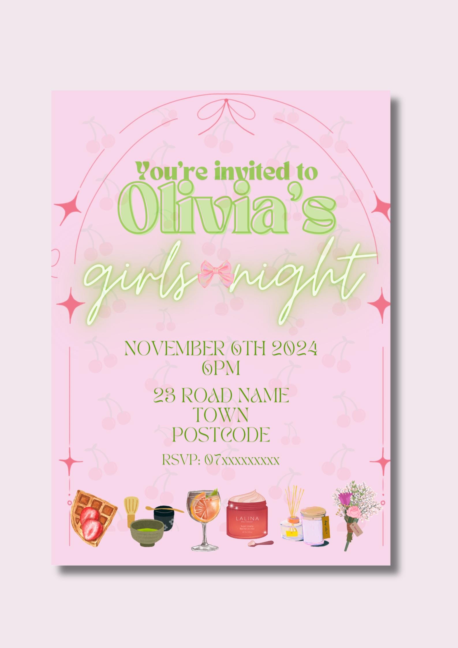 Girls' Night Digital Invitation | Editable Canva Template - Strawberry matcha theme