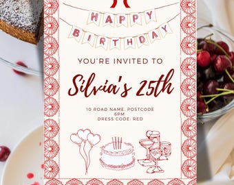 Red Coquette Birthday Invitation | Editable Canva Template - Birthday party