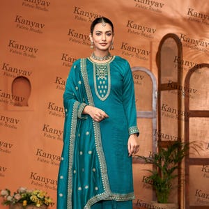 Blue Georgette Embroidered Kurtis With Palazzo Pants And Dupatta With Embroidery Indian Wedding Wear Birthday Party Wear Outfit