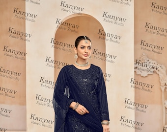 Embroidered Butterfly Net Kurta Trouser Dupatta Set - Blue