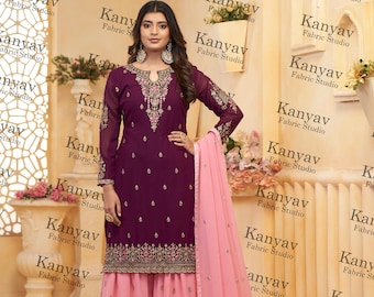 Traje Sharara bordado: Salwar Kameez paquistaní, Georgette Dupatta