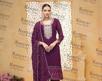 Salwar Kameez morado bordado, vestido pakistaní de georgette