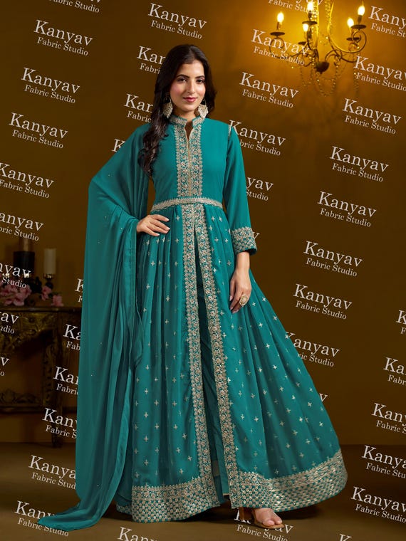 Embroidered Georgette Anarkali Kurti: Bollywood Salwar Kameez, Pakistani Wedding Dress